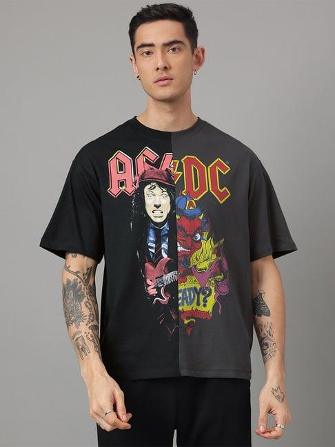 free authority black & grey loose fit acdc printed crew t-shirt