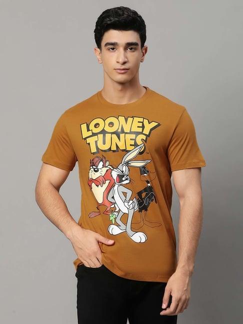 free authority brown regular fit looney tunes printed cotton crew t-shirt