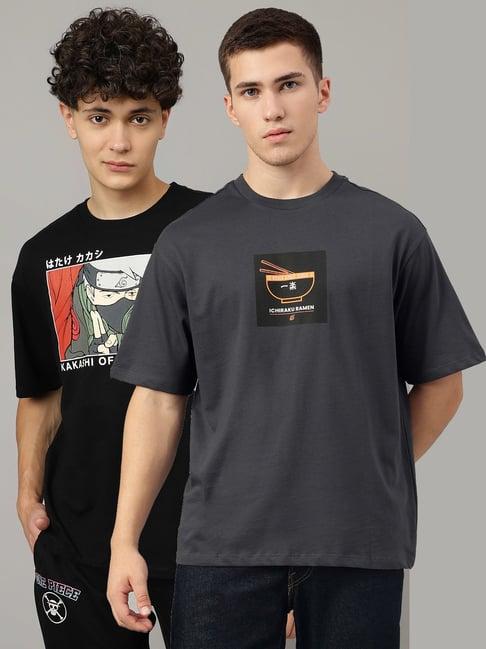 free authority dark grey & black regular fit naruto print t-shirt - pack of 2