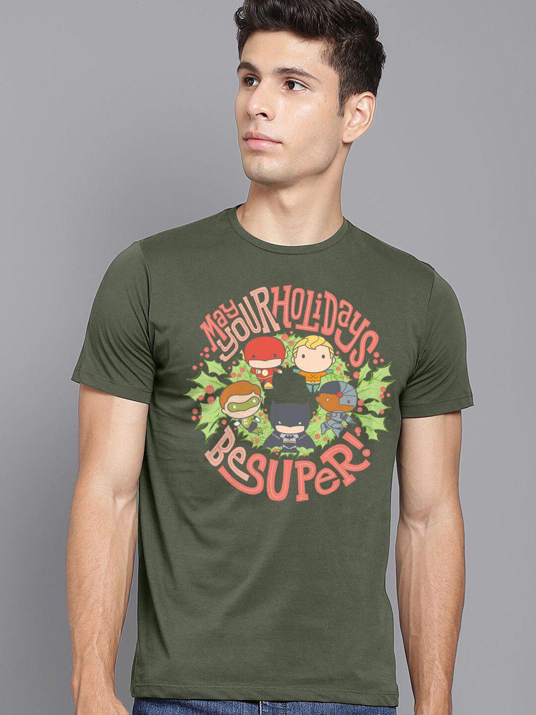 free authority men green & coral looney tunes christmas pure cotton printed t-shirt