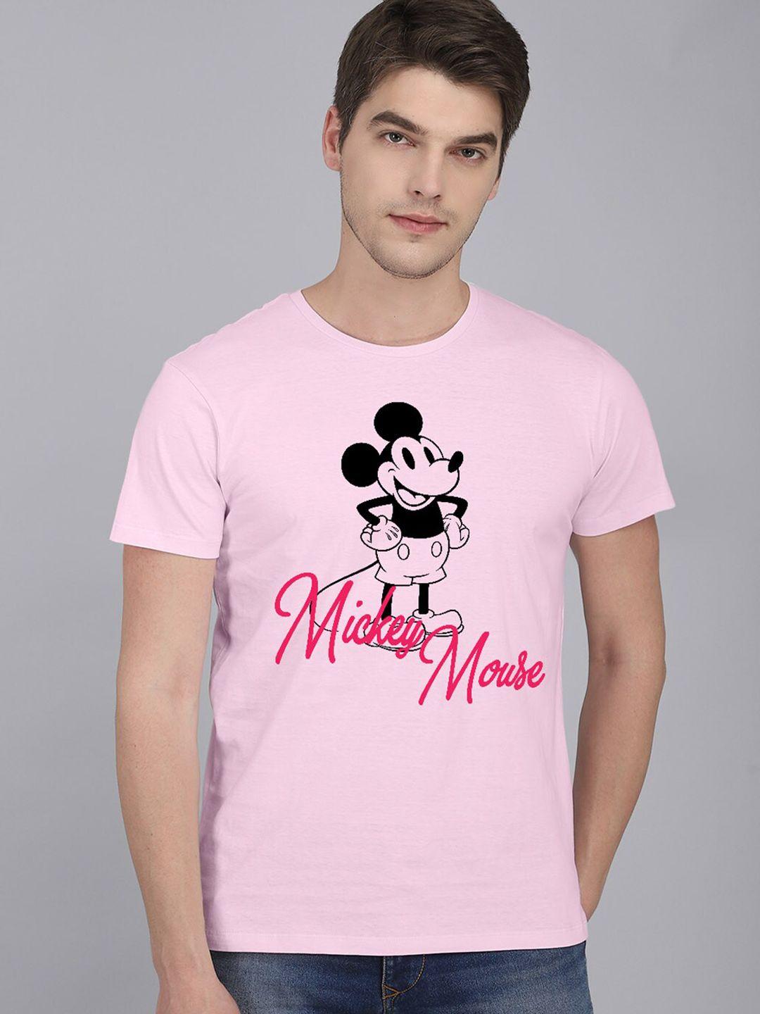 free authority men pink & black mickey mouse printed round neck cotton t-shirt