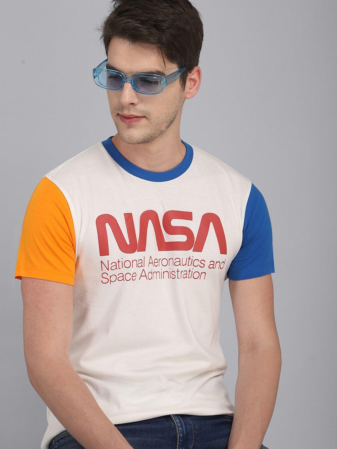 free authority men white & blue nasa featured pure cotton t-shirt