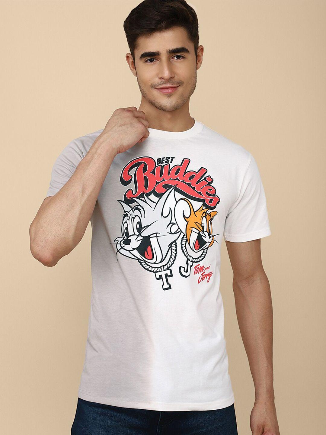 free authority men white & red tom & jerry printed pure cotton t-shirt