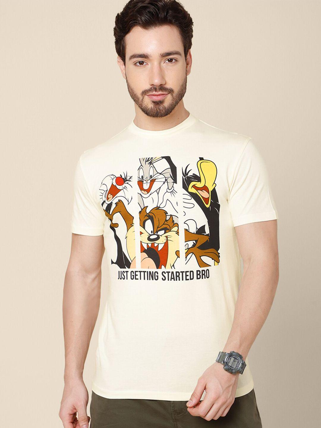 free authority men yellow looney tunes printed pure cotton t-shirt