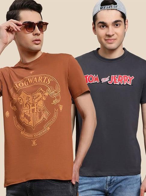 free authority multi cotton regular fit printed t-shirt pack of 2