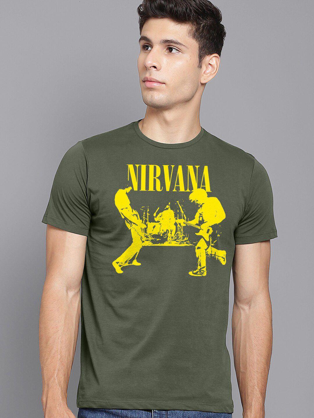 free authority nirvana men olive green typography printed t-shirt