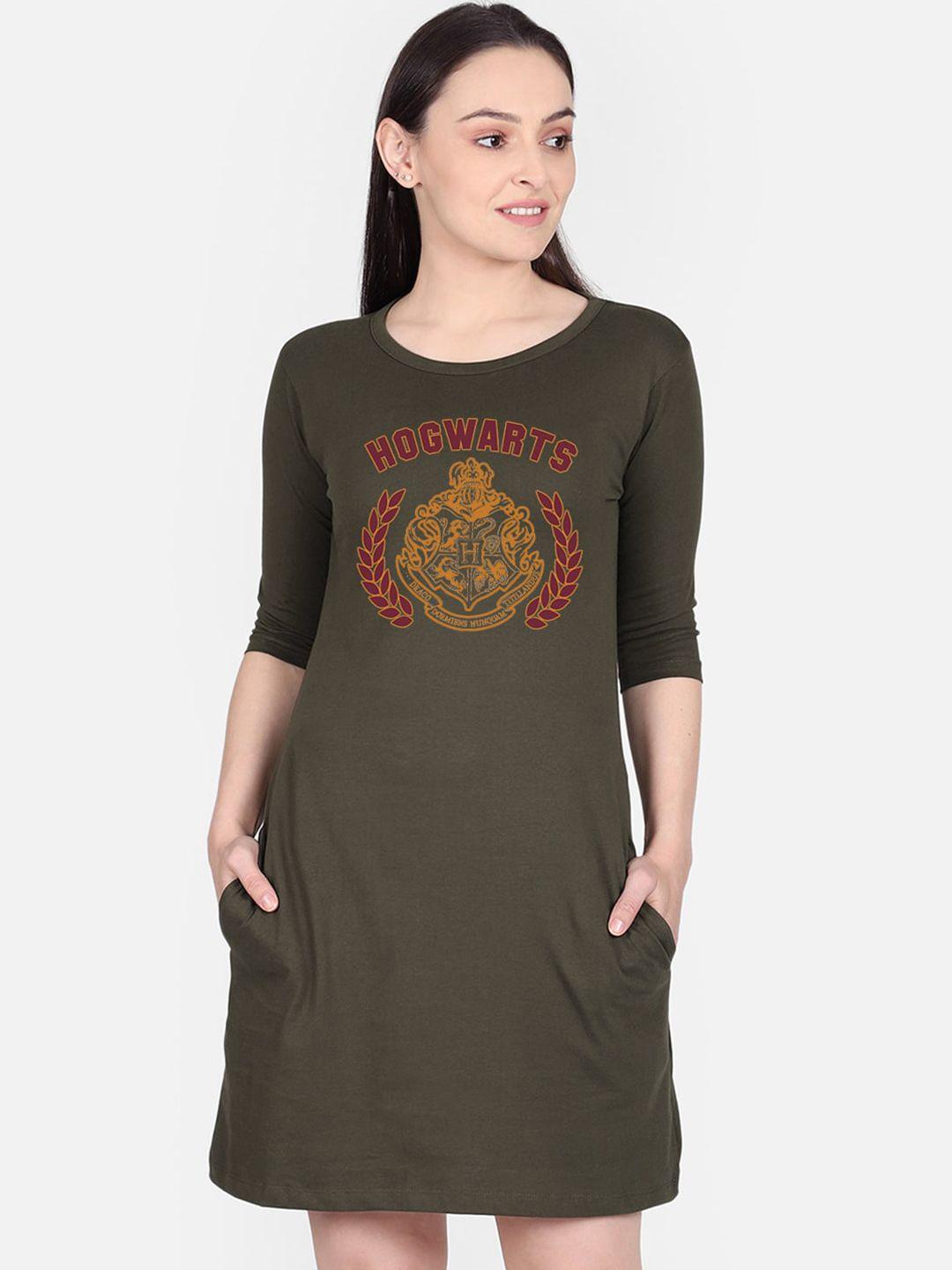 free authority olive green harry potter printed t-shirt dress