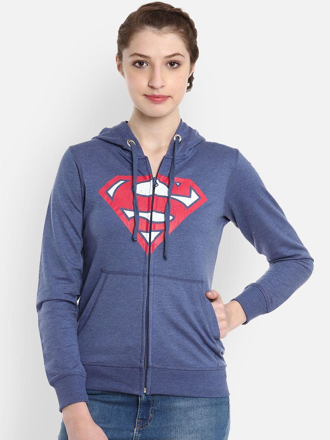 free authority superman featured blue printed hooded sweatshirt for women
