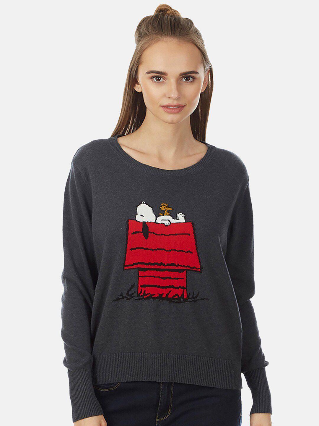 free authority women grey & red peanuts printed cotton pullover sweater