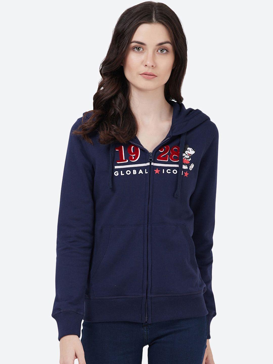 free authority women navy blue pure cotton mickey mouse printed hooded sweatshirt