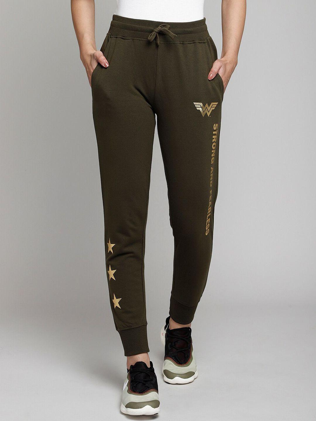 free authority women olive green & gold-colored wonder woman printed straight-fit pure cotton joggers