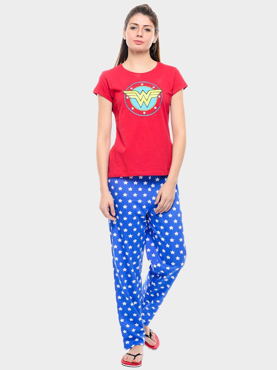 free authority women red & blue wonder woman printed cotton night suit