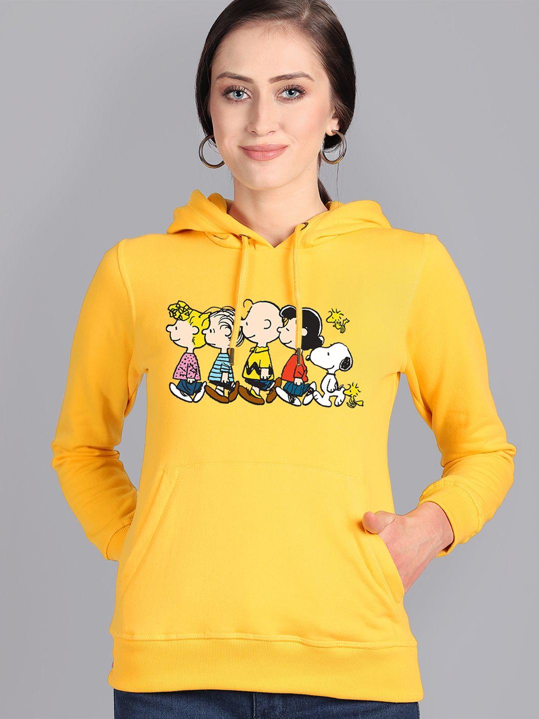 free authority women yellow peanuts printed hooded sweatshirt