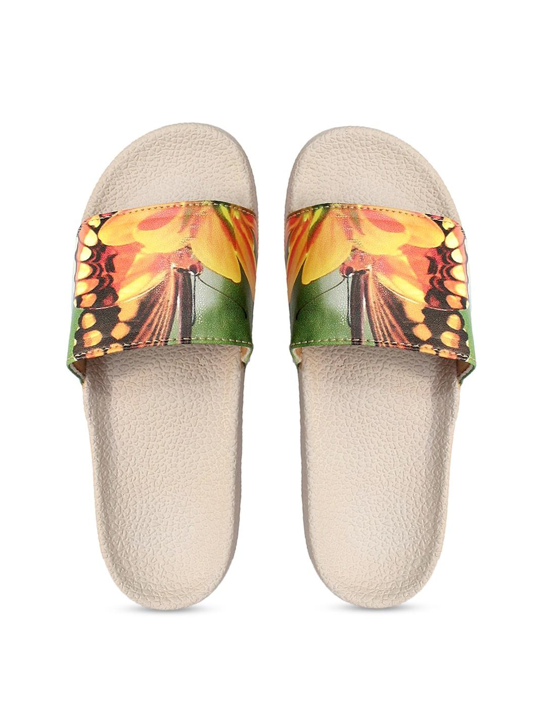 freeco women yellow butterfly printed sliders