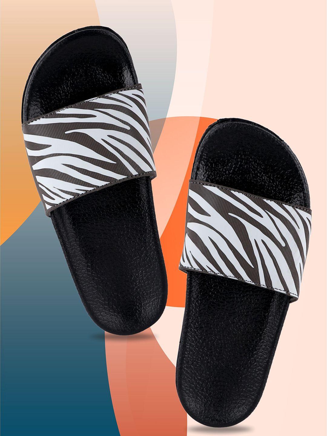 freeco women brown & black geometric printed sliders