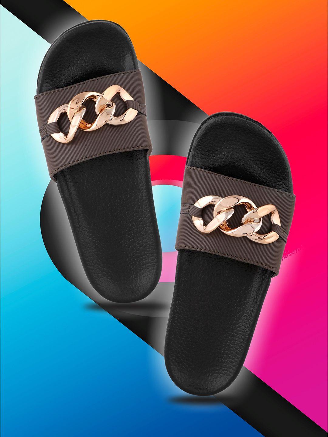 freeco women brown & gold-toned embellished sliders