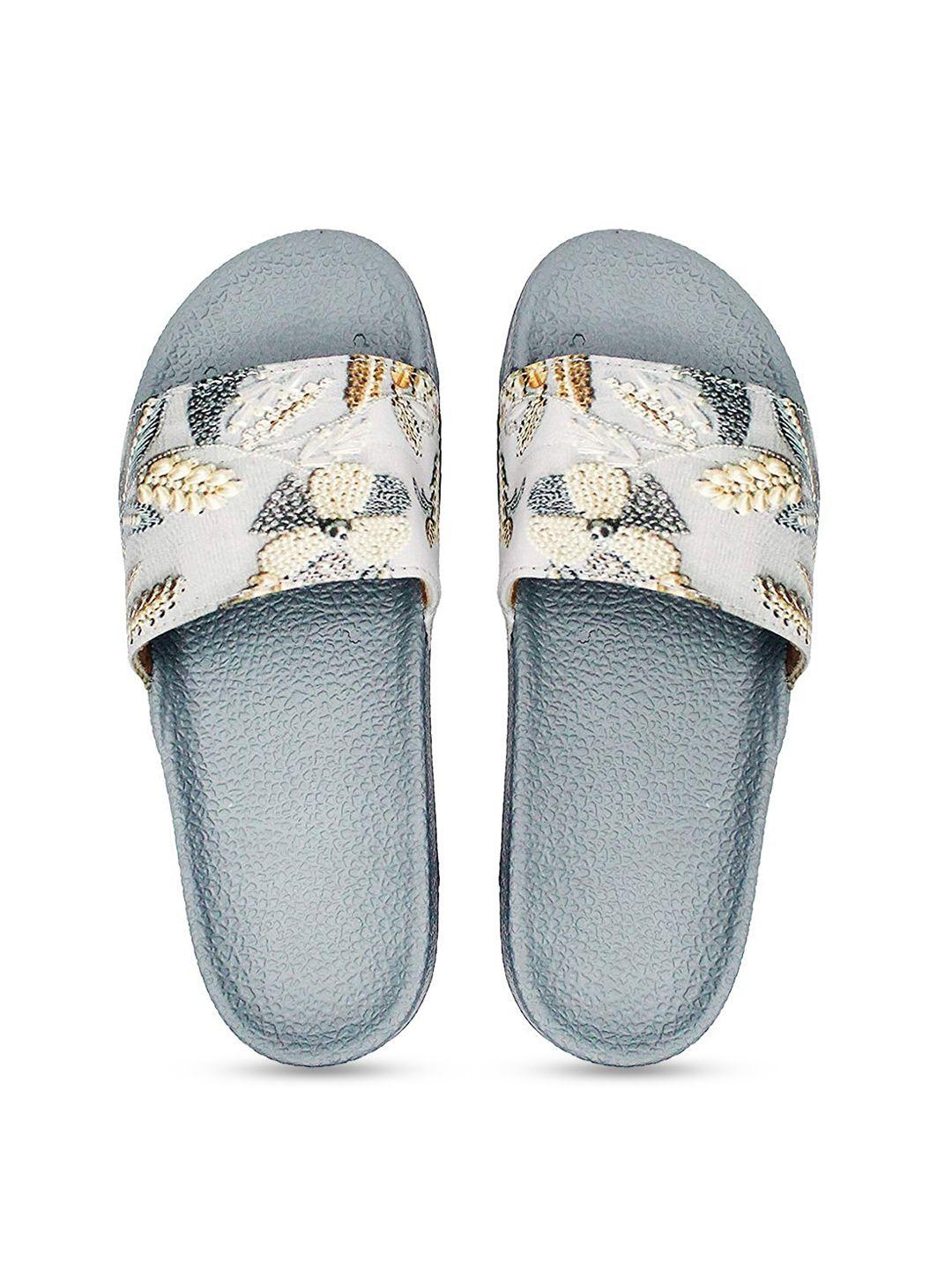 freeco women grey & white embellished synthetic sliders