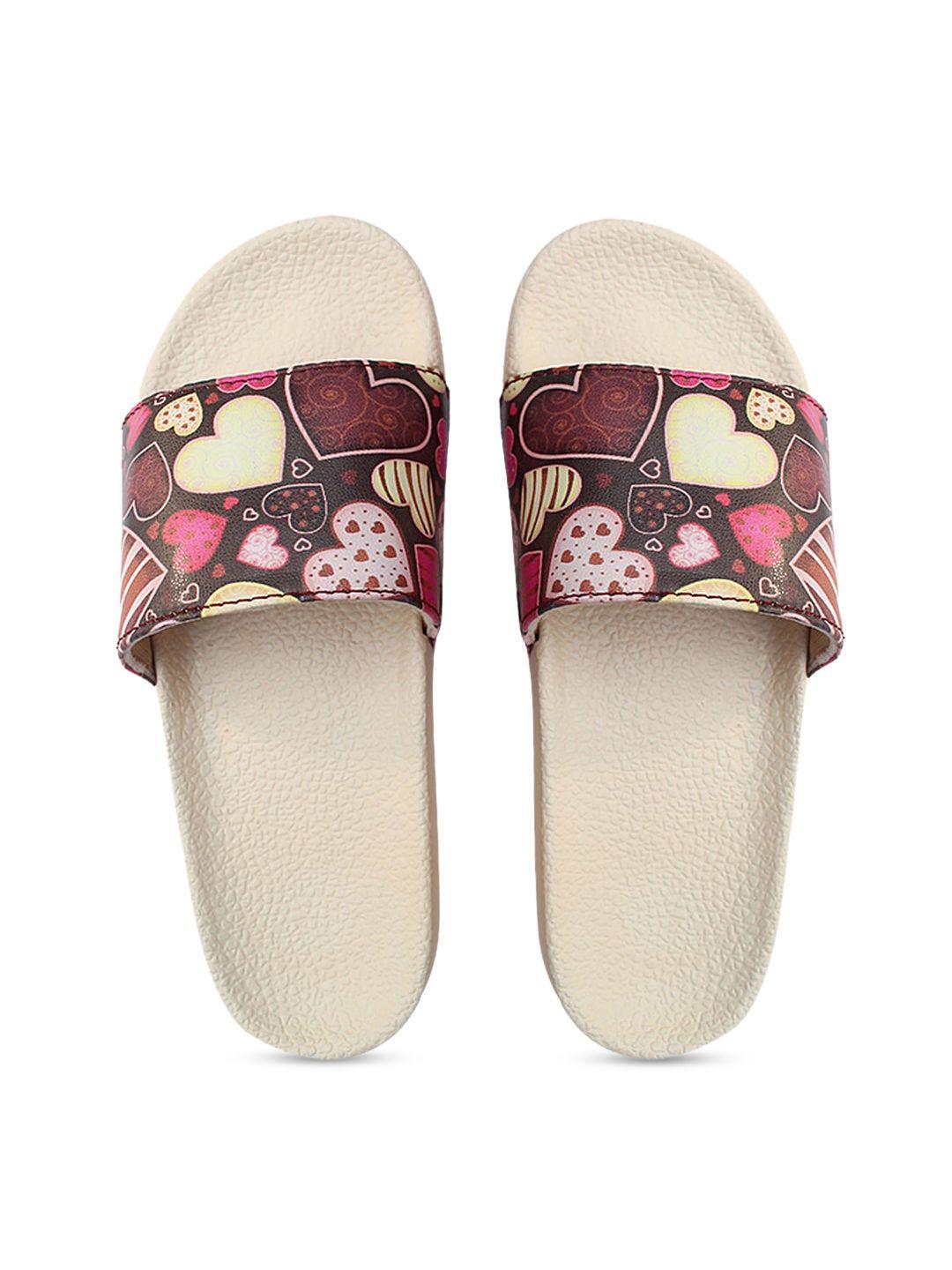 freeco women maroon & cream-coloured printed sliders