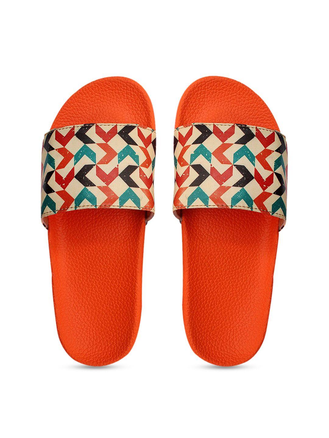 freeco women orange & blue printed sliders