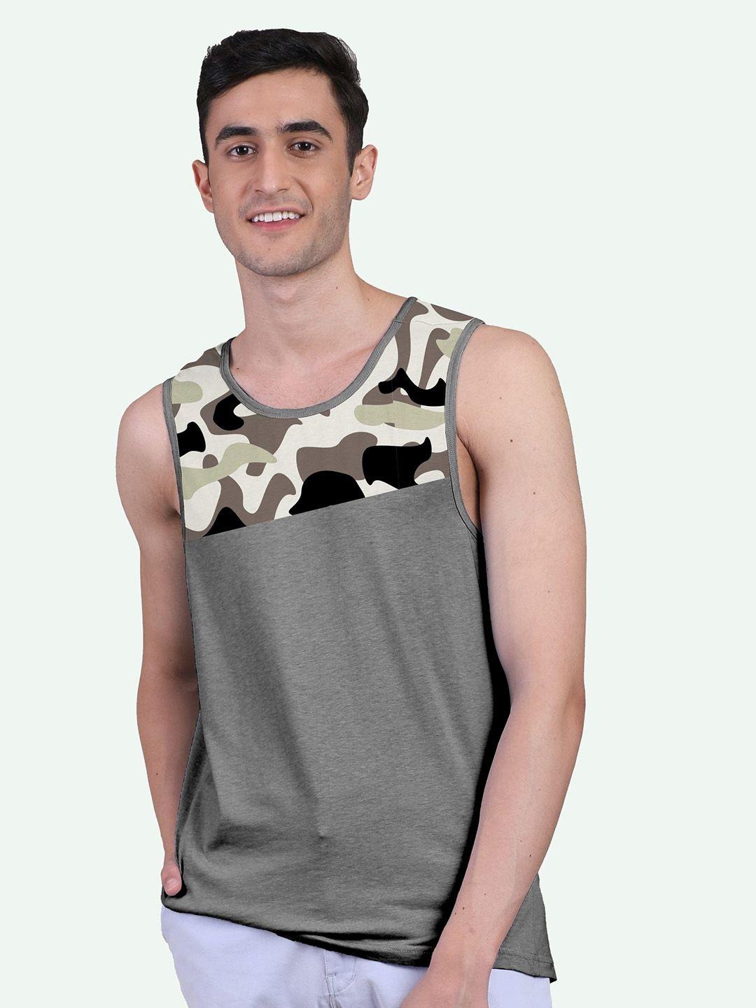 freecultr men grey camouflage self design bamboo innerwear gym vests