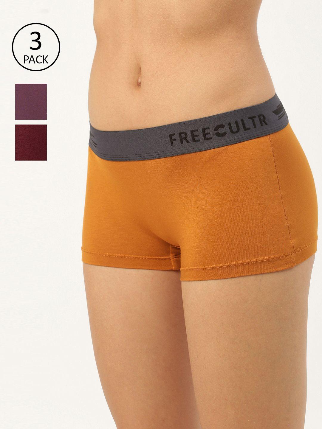 freecultr women pack of 3 solid regular fit boy shorts