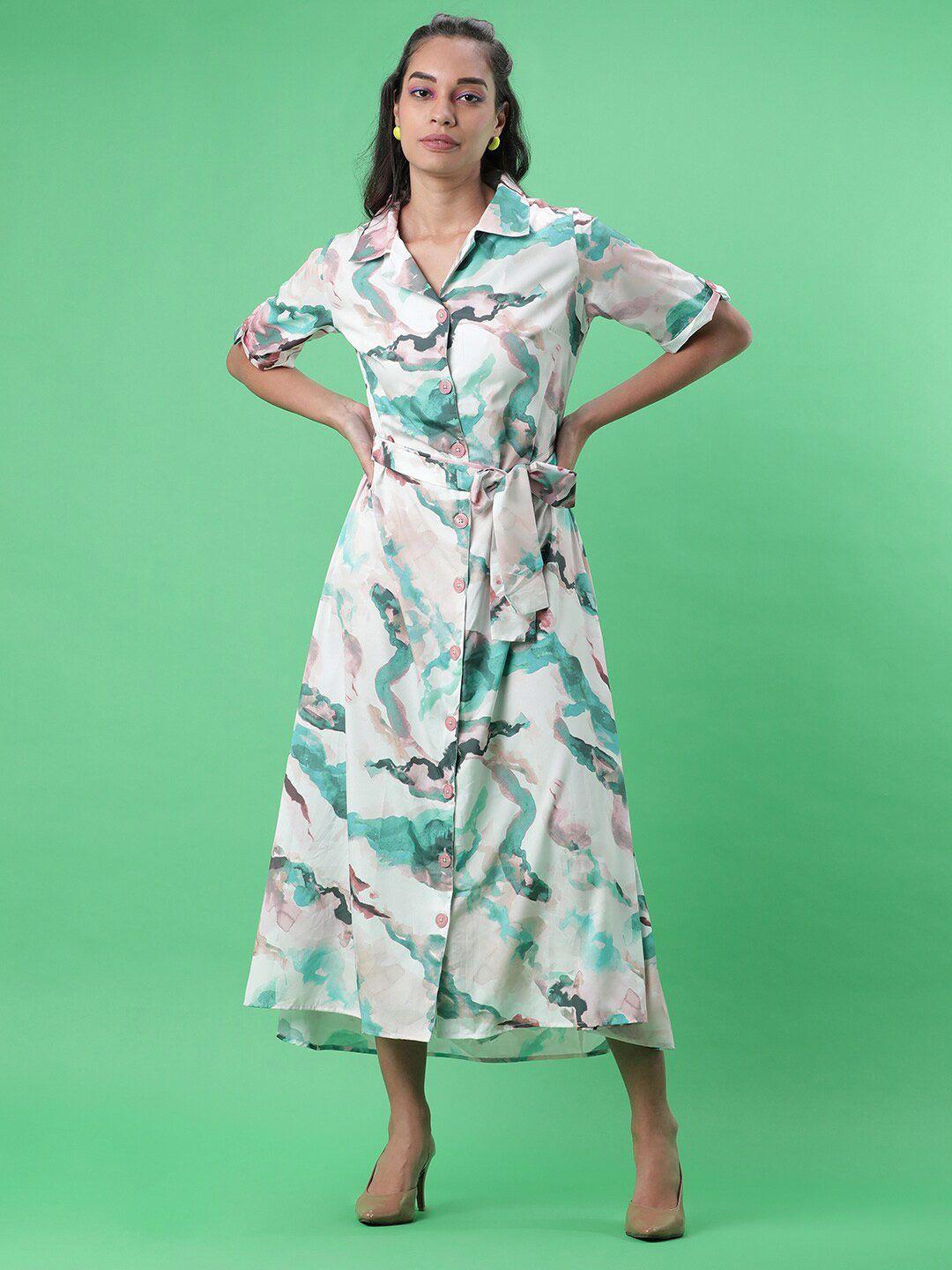 freehand abstract printed shirt midi dress with belt