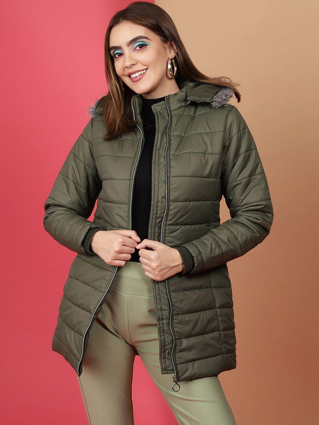 freehand olive green detachable hooded long sleeve zip detail padded jacket