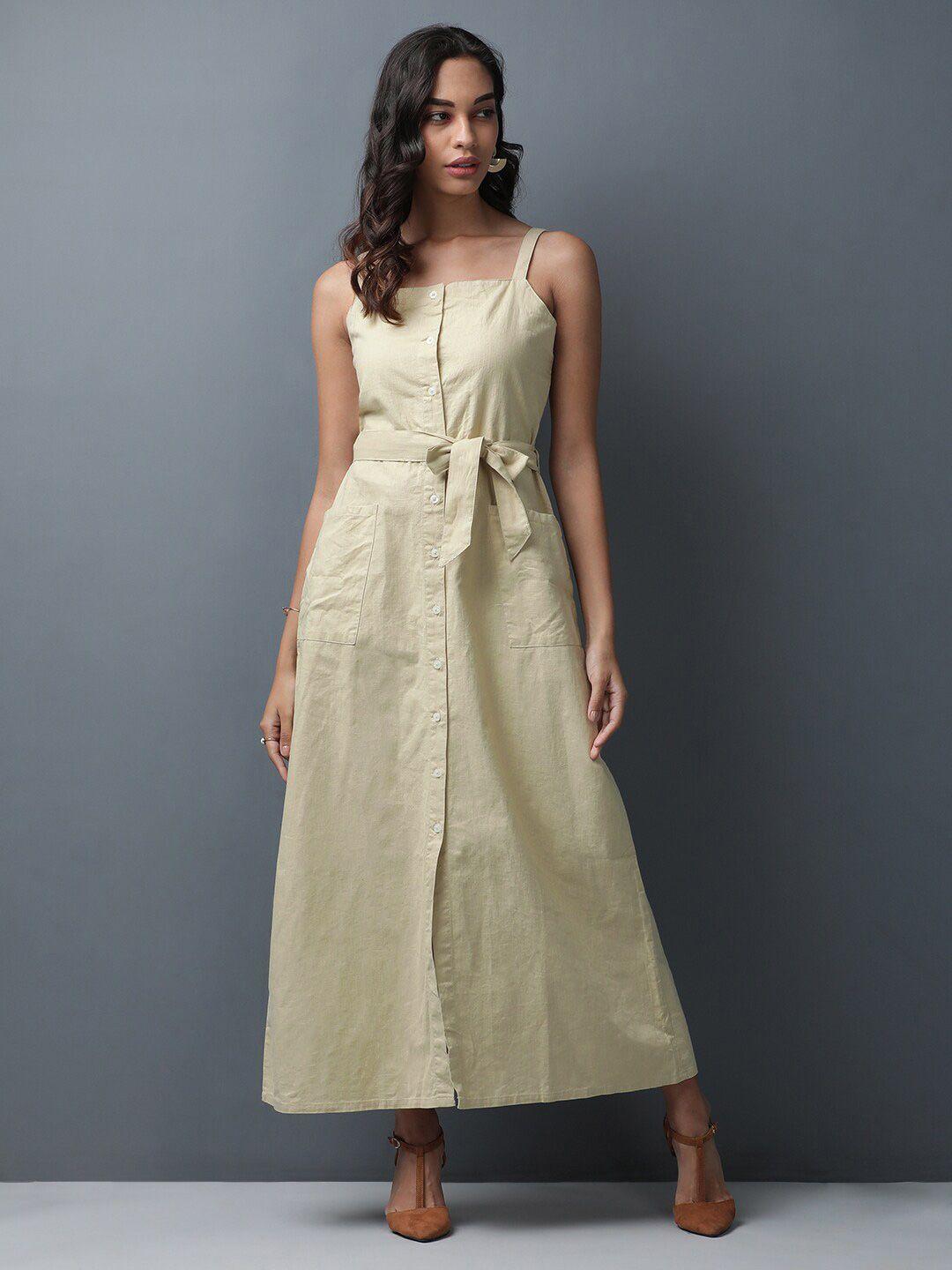 freehand shoulder strap pure cotton shirt maxi dress with belt