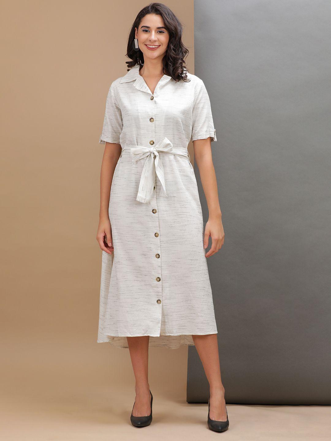 freehand spread collar midi pure cotton shirt dress with belt