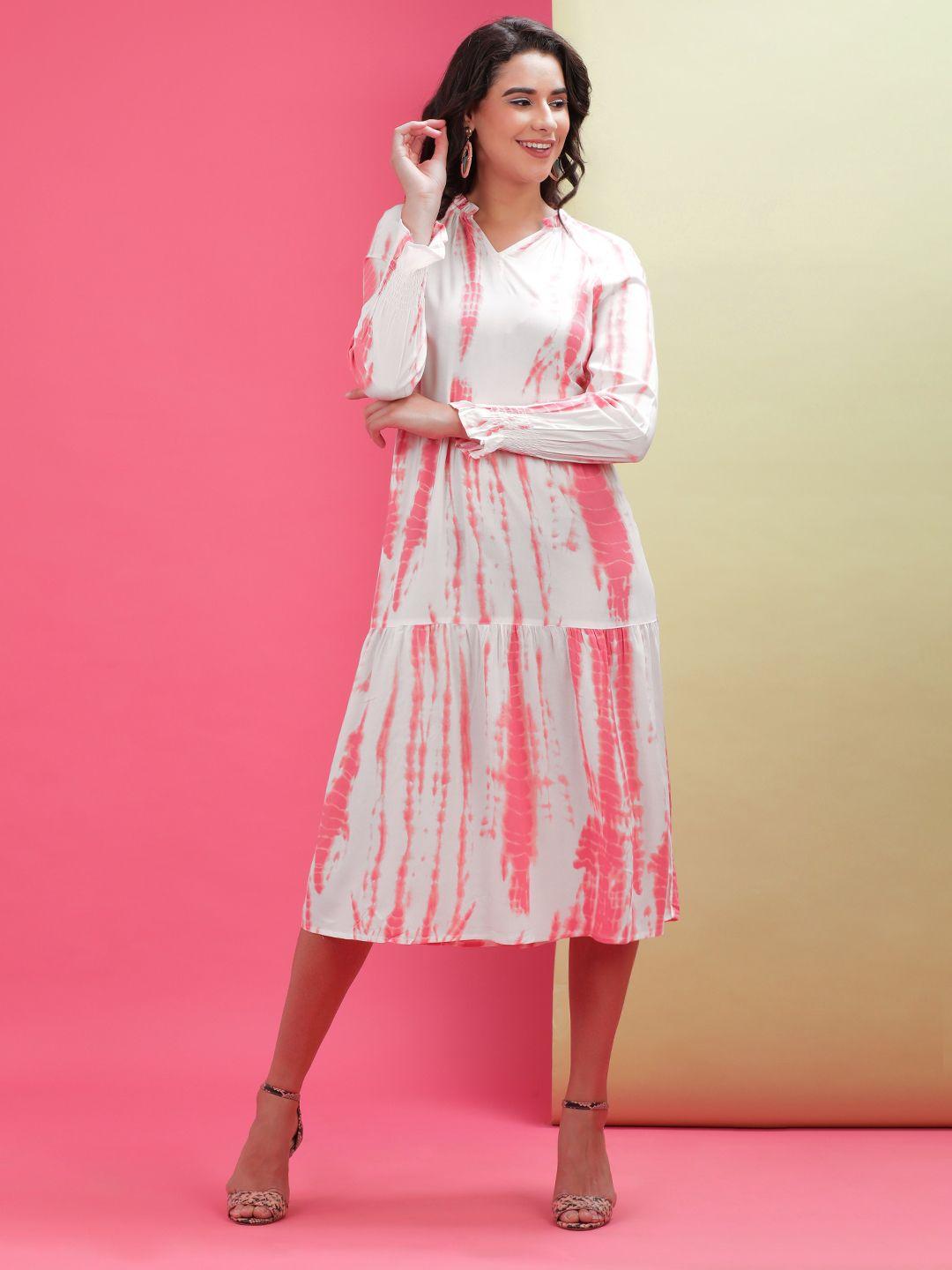 freehand white & pink tie & dye printed tiered a-line midi dress