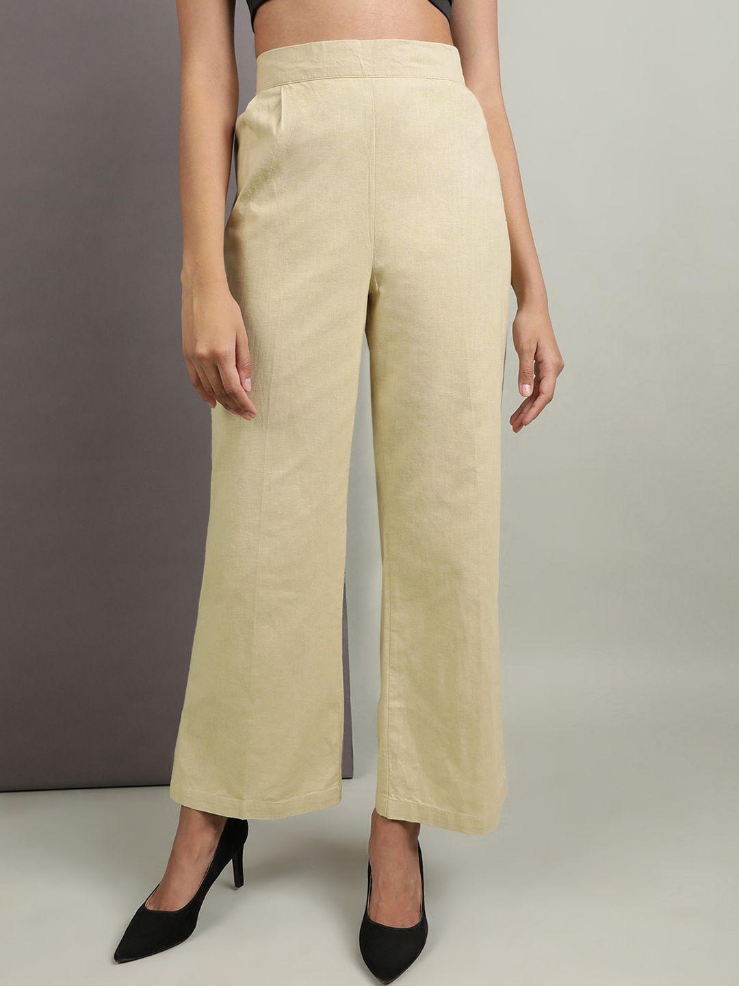 freehand women cotton high-rise flared flat-front plain parallel trousers