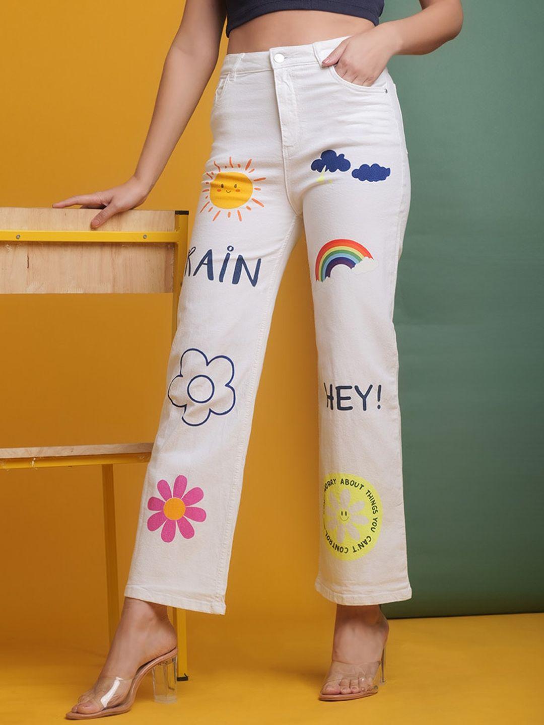 freehand women white wide leg clean look printed stretchable jeans