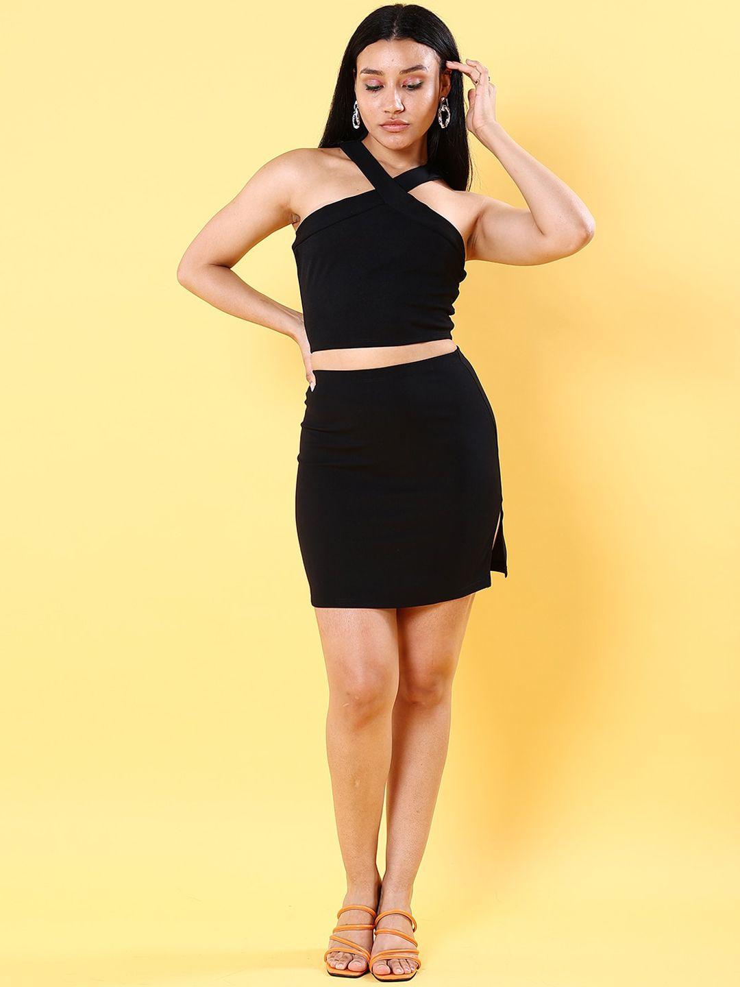 freehand black halter neck crop top with mini skirt