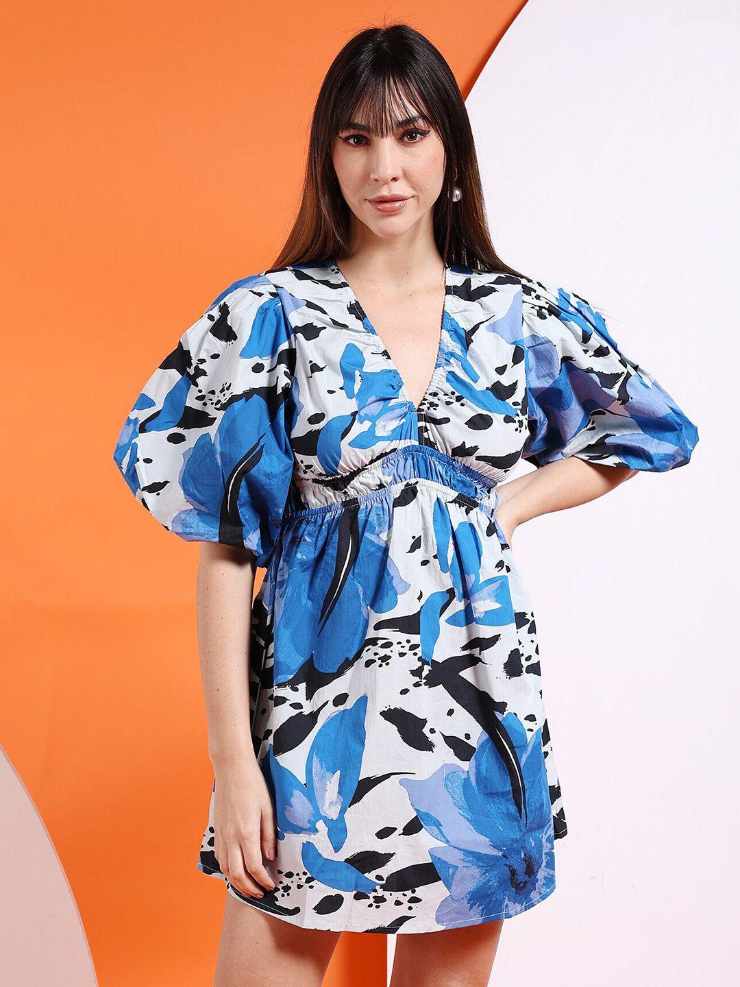freehand blue abstract printed cotton puff sleeve a-line dress