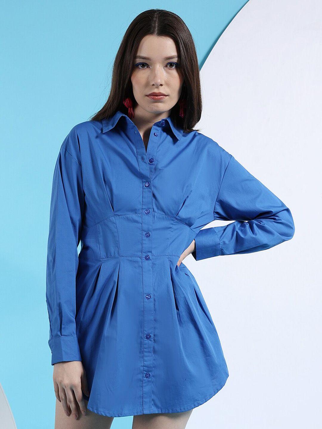 freehand blue long sleeves cotton shirt mini dress