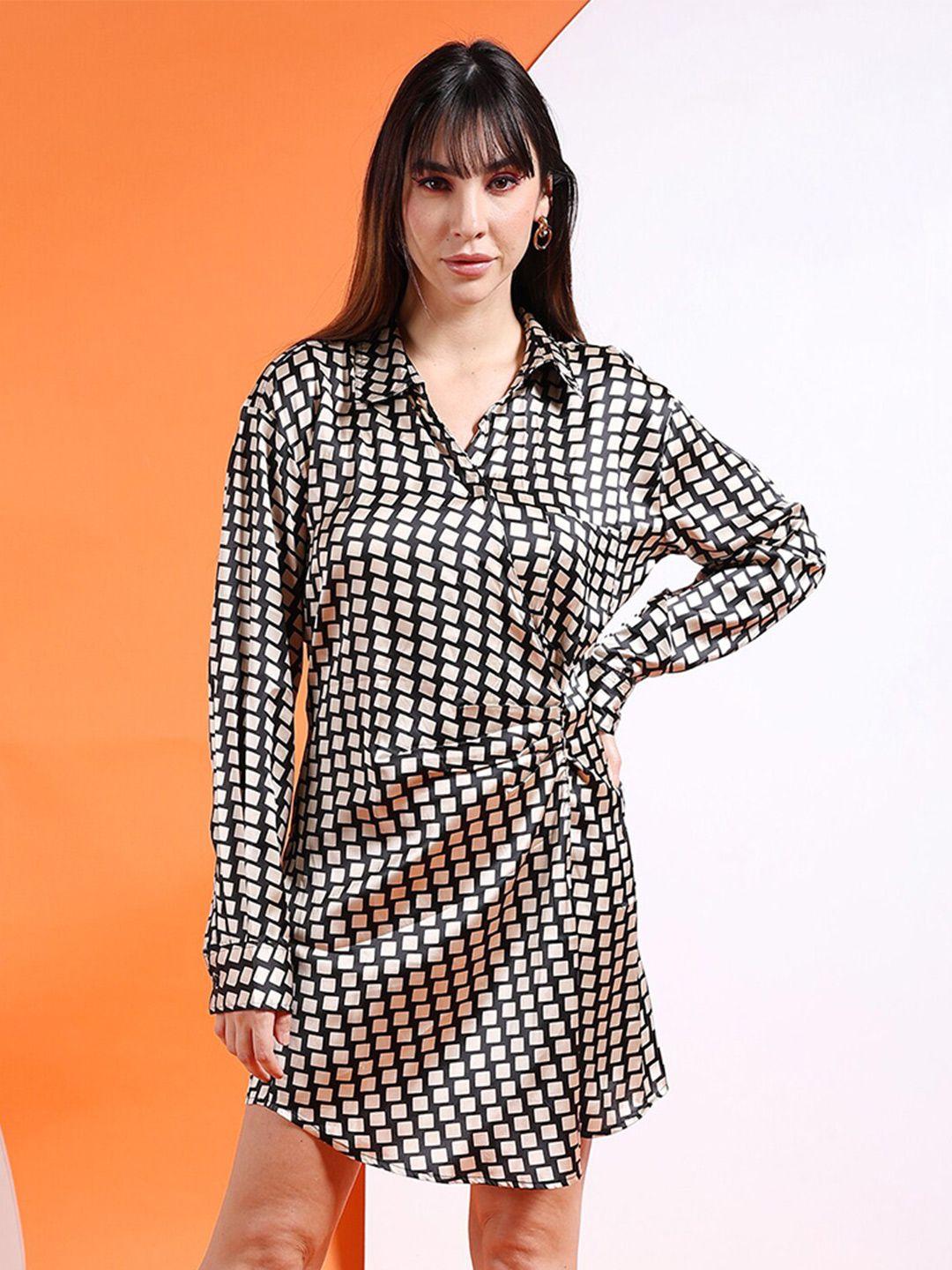 freehand by the indian garage co black  white geometric printed shirt collar a-line mini dress