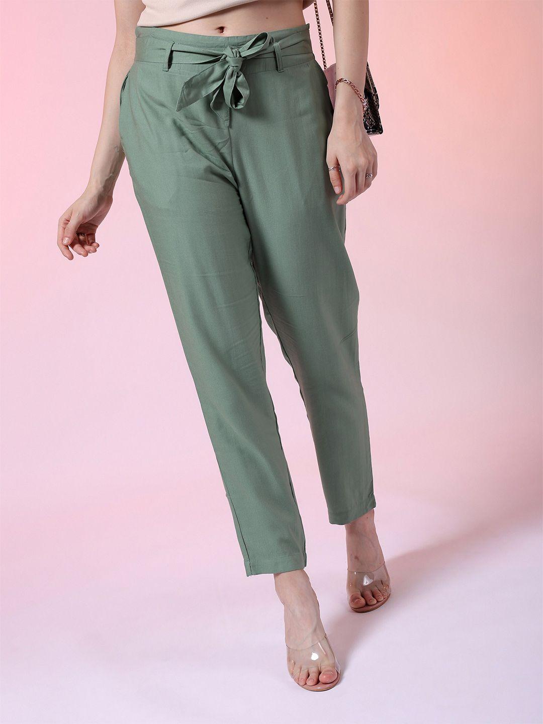 freehand by the indian garage co women green tapered fit high-rise trousers