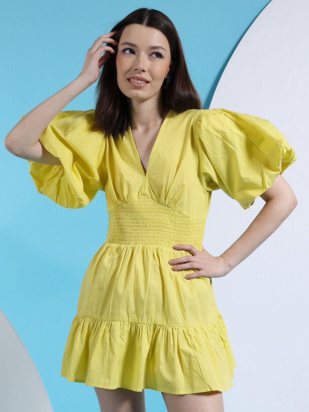 freehand by the indian garage co yellow v-neck puff sleeve smocked a-line cotton midi dress