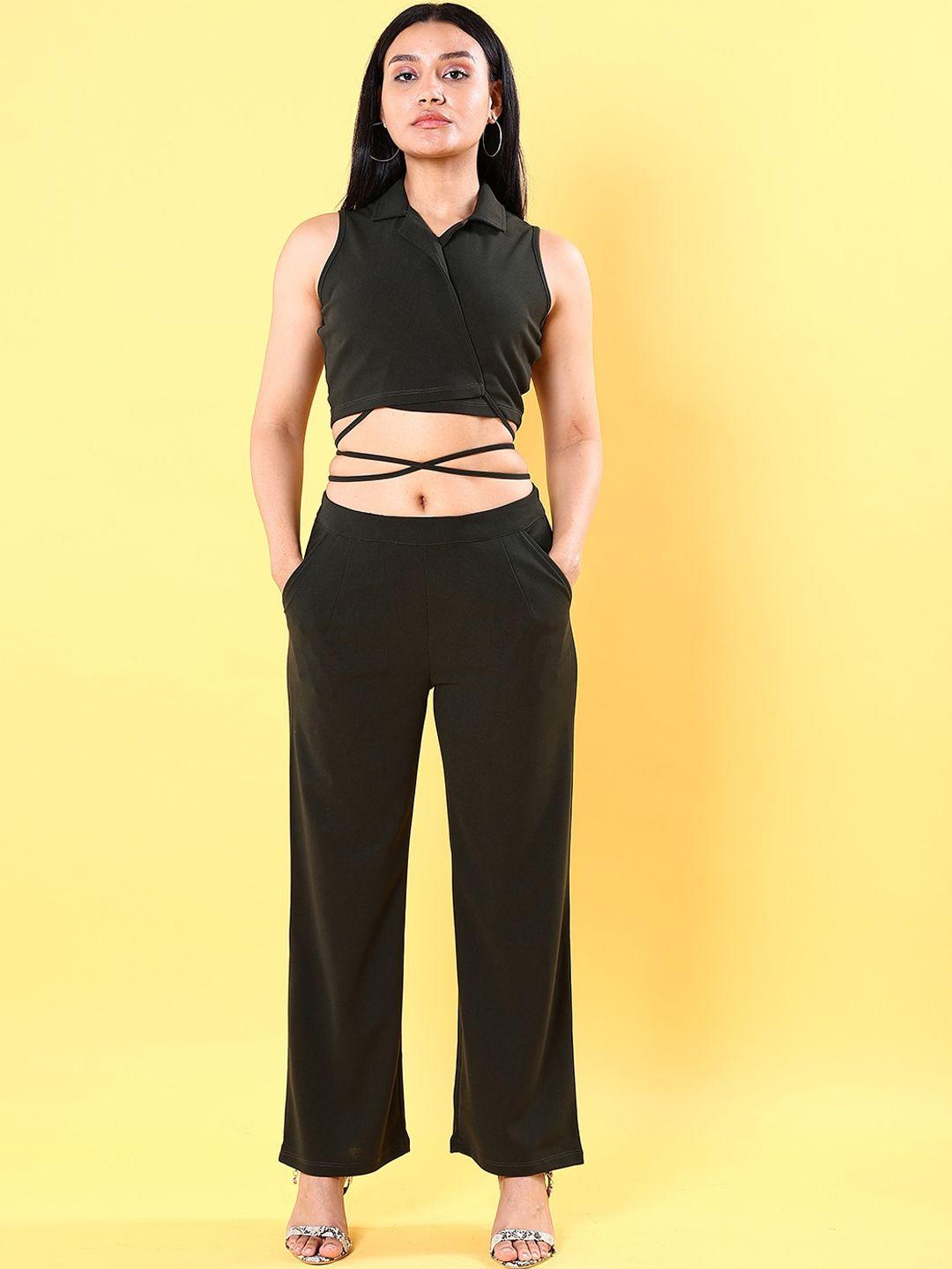 freehand drak olive shirt collar tie up wrap crop top & trousers