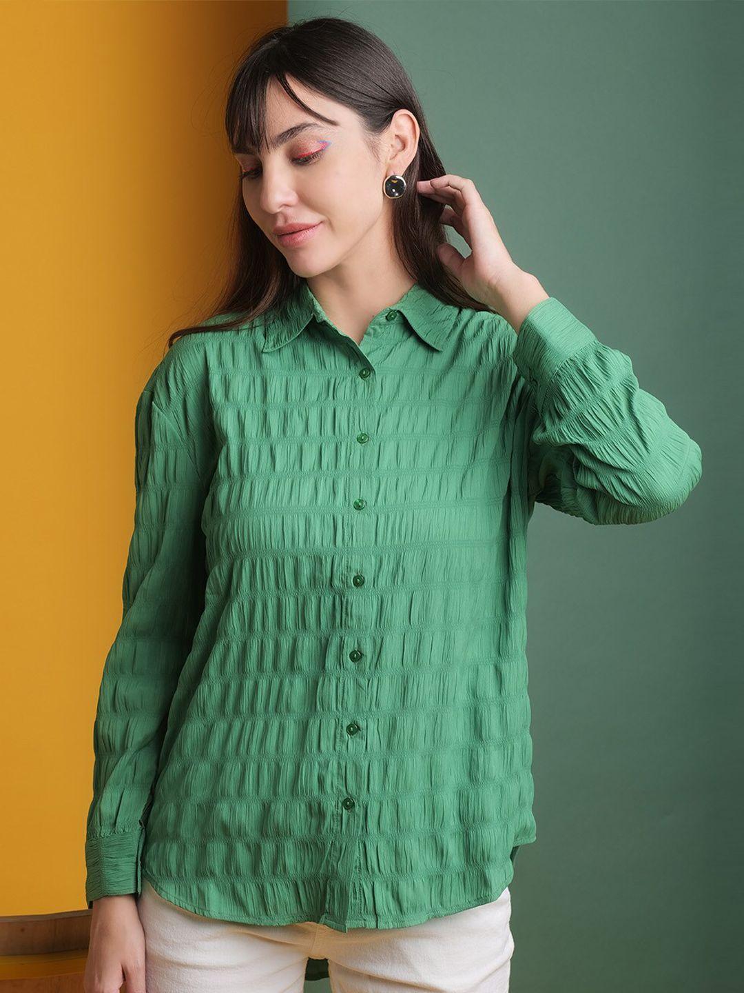 freehand green vertical stripes spread collar oversized casual shirt