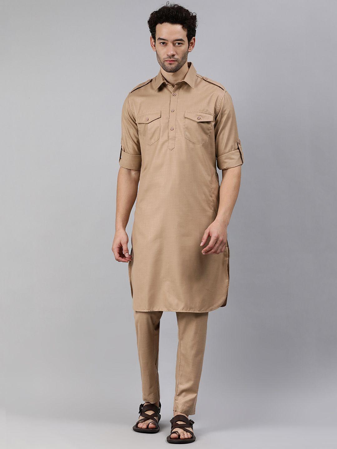 freehand men beige regular kurta with trousers