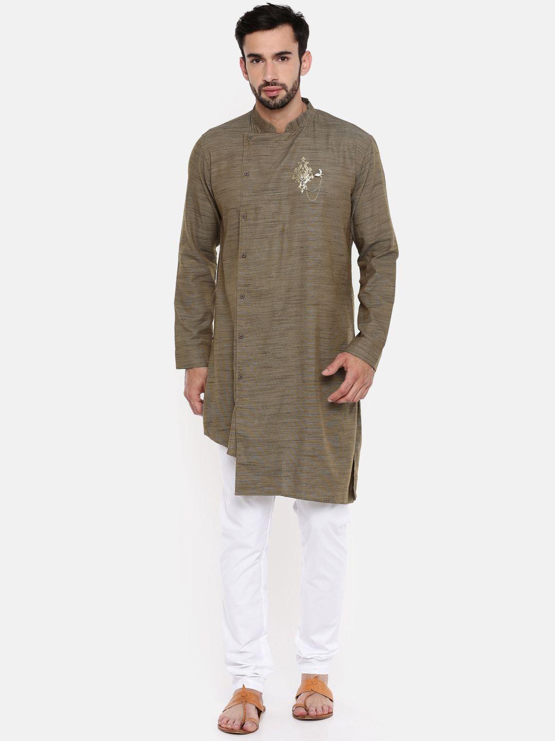 freehand men brown & white solid kurta with pyjamas