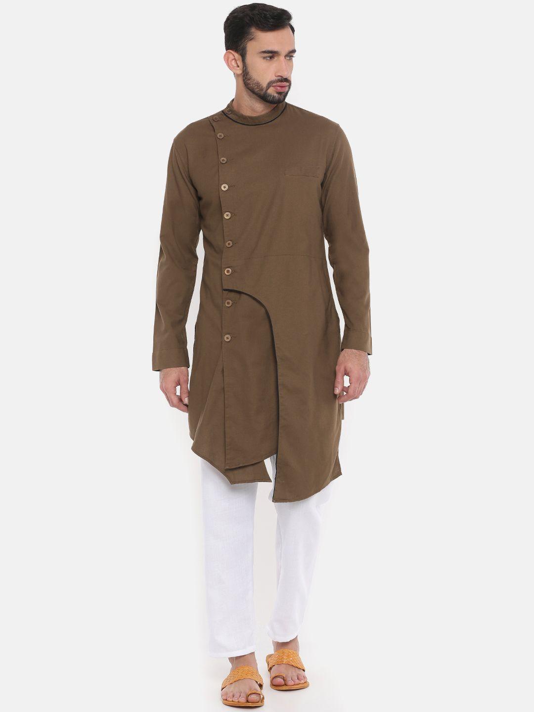 freehand men brown solid asymmetric straight kurta