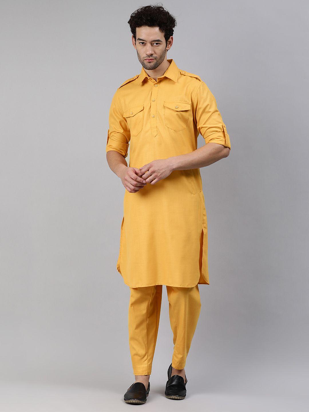 freehand men mustard yellow regular kurta with trousers