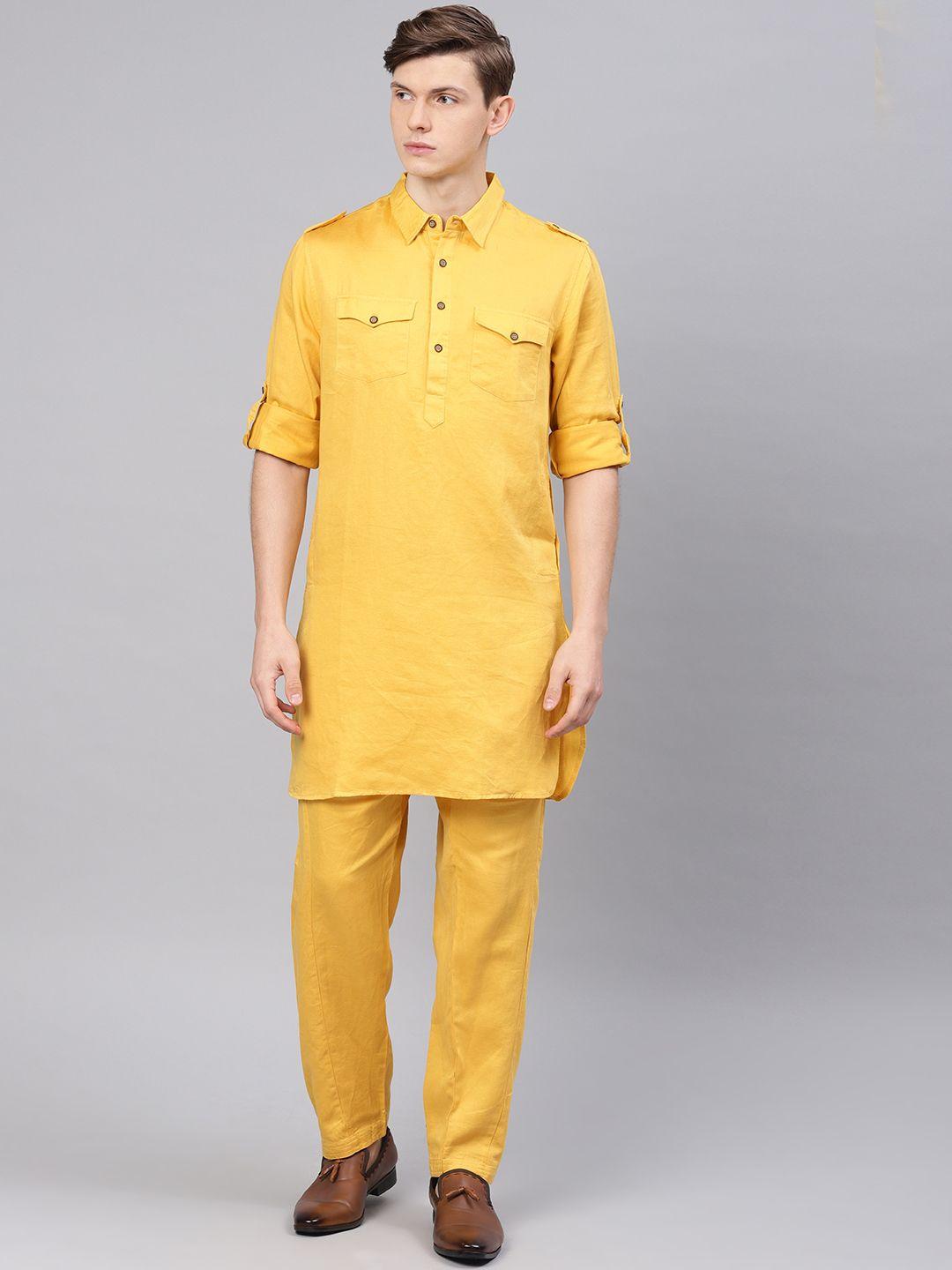 freehand men mustard yellow solid kurta with pyjamas