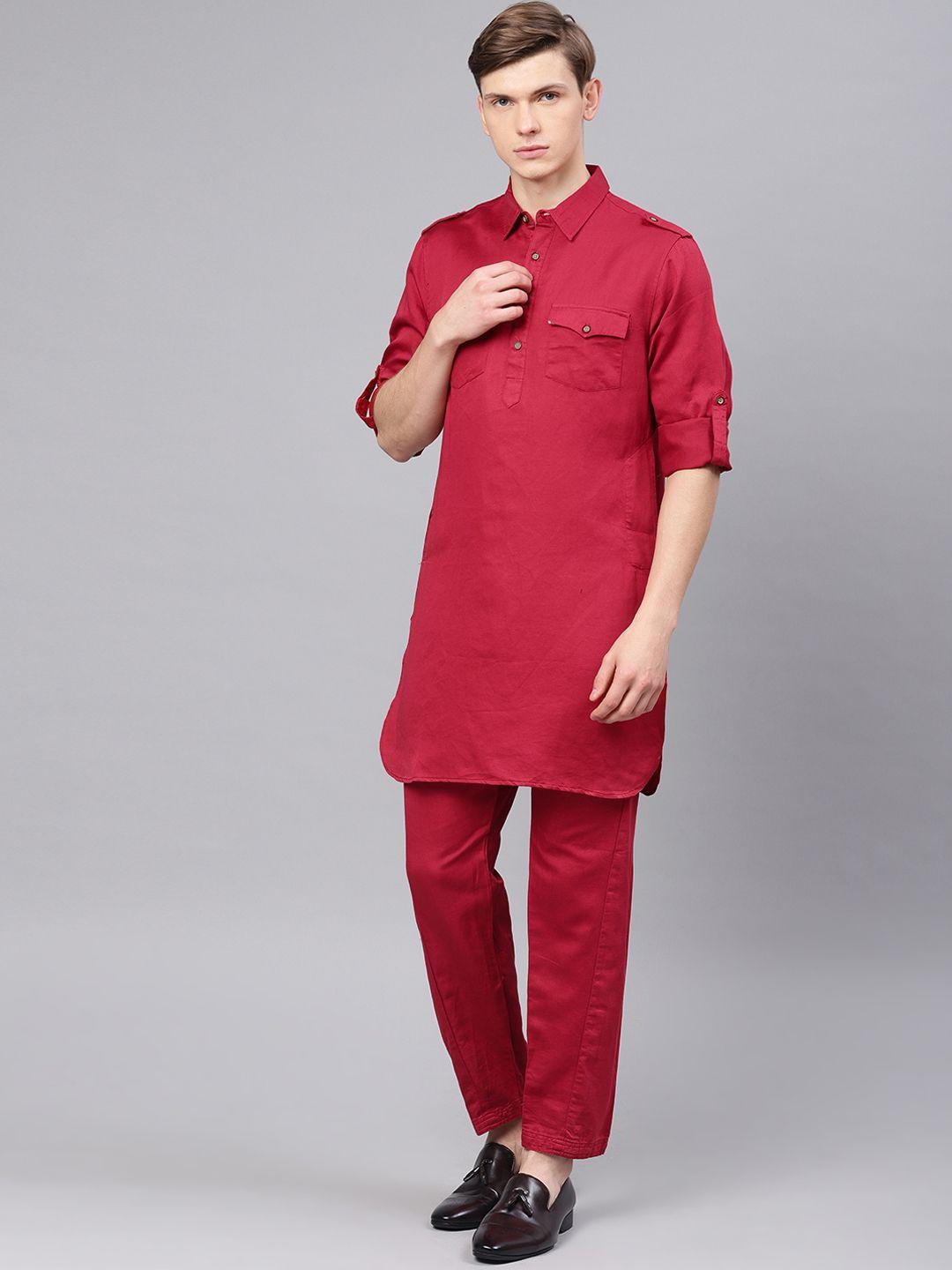 freehand men red solid kurta with pyjamas