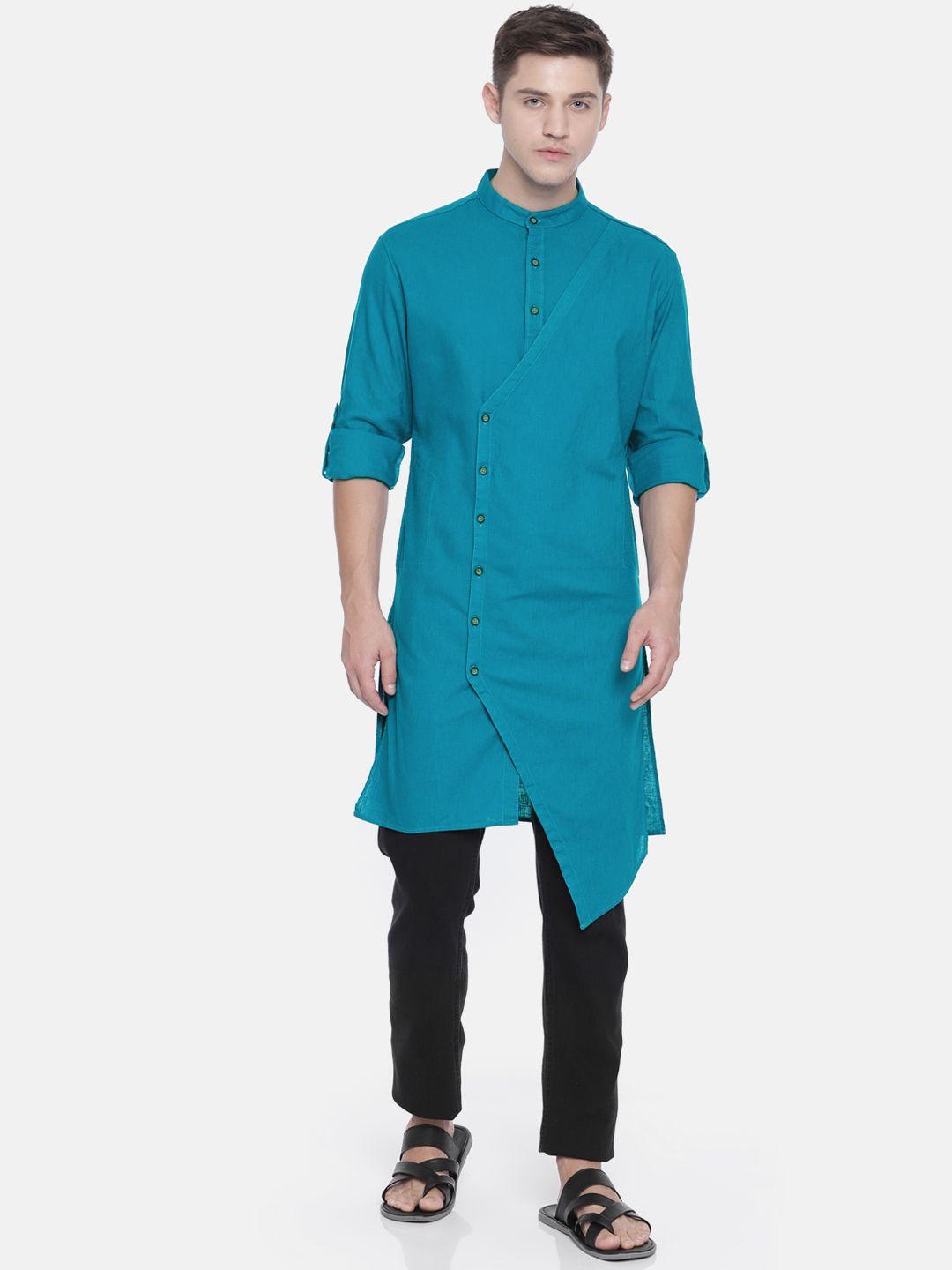 freehand men teal blue solid asymmetric straight kurta