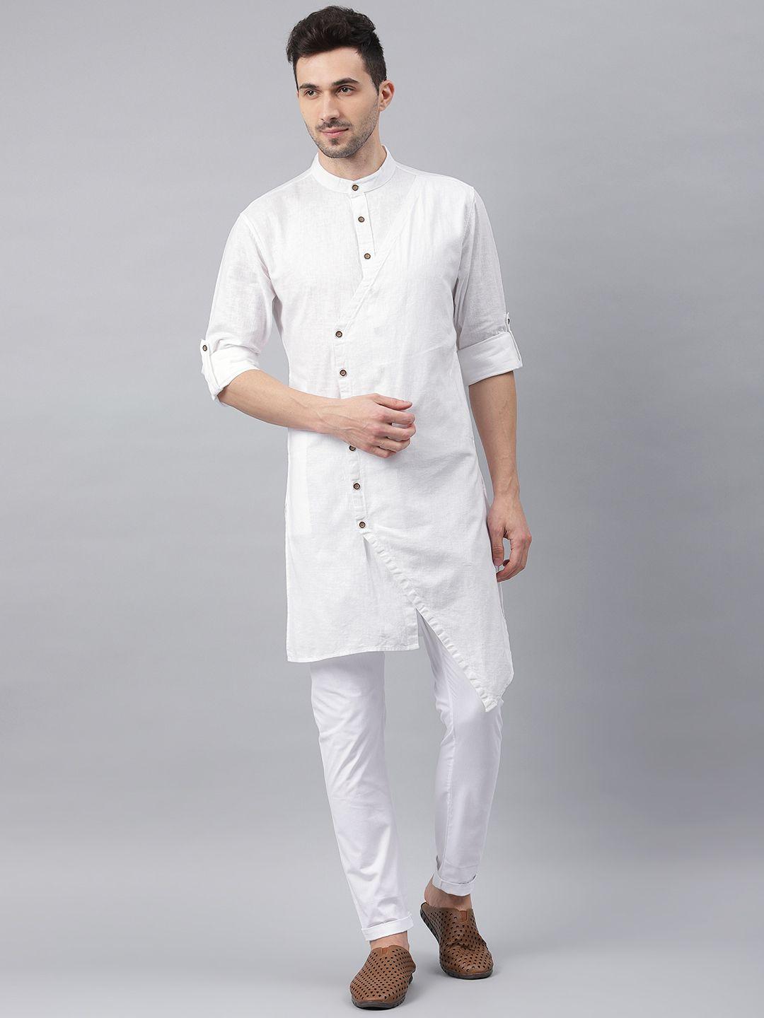 freehand men white solid asymmetric hemline straight kurta