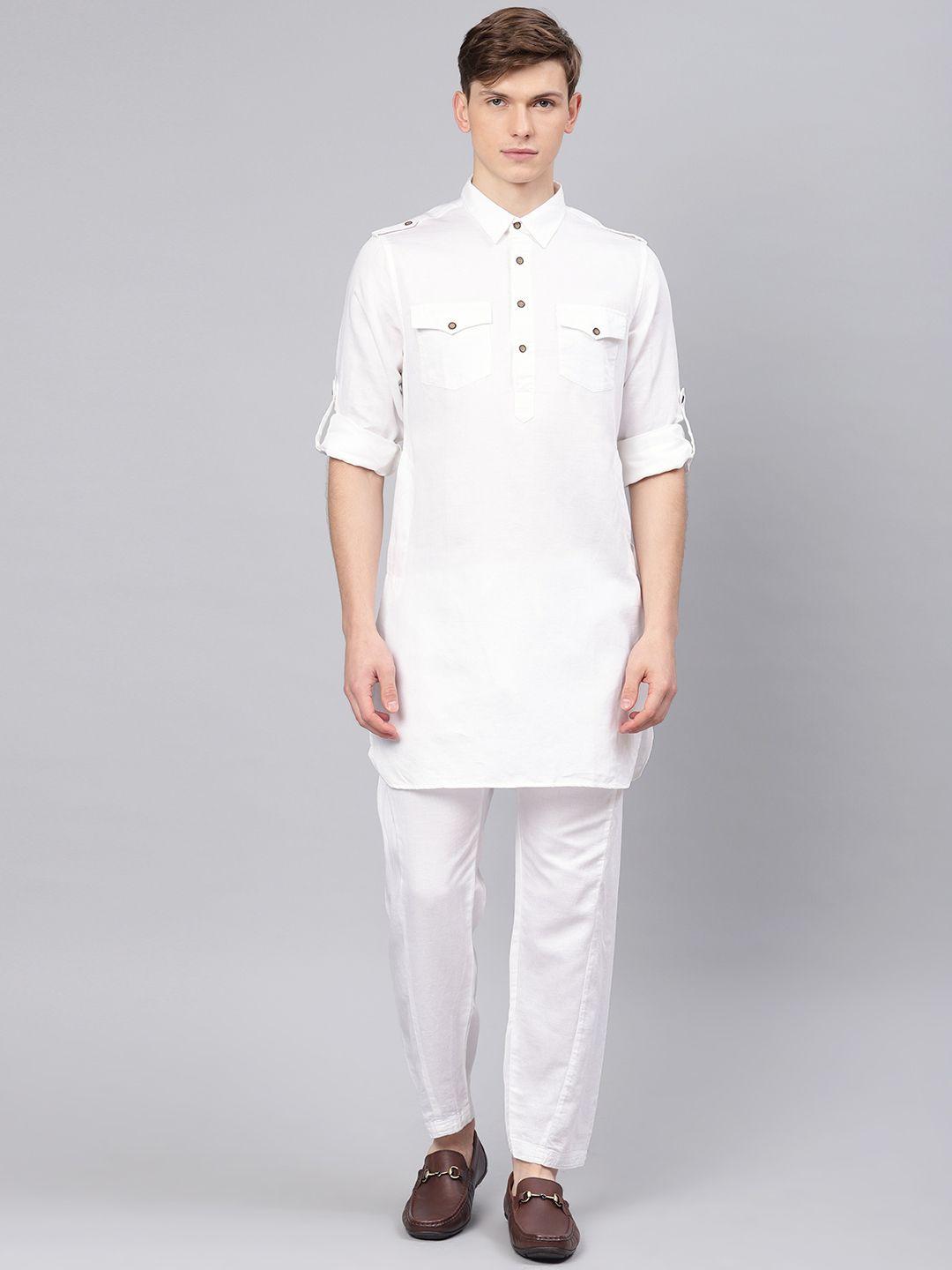 freehand men white solid kurta with pyjamas