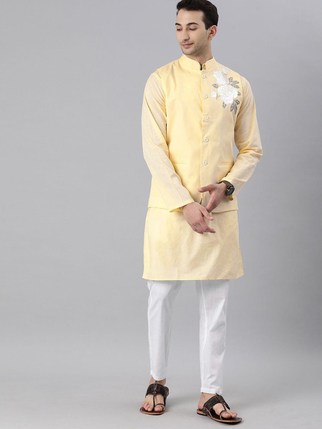 freehand men yellow & white pure cotton kurta set with nehru jacket